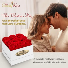 The Eternity Rose 9-Piece Preserved Roses in a Luxury Gift Box – Real Roses in Square White Box – A Valentine’s Gift as Everlasting as Your Love