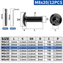 XRXYMQ Pack of 12 M8 screws, black, flat head screws, M8 x 20 mm screws, 304 stainless steel Torx screws, with Torx key, with screwdriver bit wrench