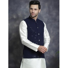 Maple Clothing Men's Sleeveless Modi Jacket Cotton Traditional Indian Mandarin Neck Waistcoat Vest (Navy Blue, M)