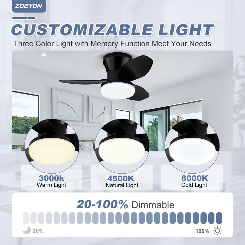 ZOEYON Small Ceiling Fan with Light - 26 Inch Flush