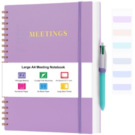 Meeting Notebook for Work, Notebooks for Work 8.5" x 11", Professional Meeting Notes Notebook for Women, Large Spiral Notebook with Numbered Page, Sticky Tabs, PVC Pockets for Organization, Purple