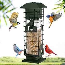 Squirrel Proof Bird Feeder for Outdoors Hanging, Yongblus Metal Wild Bird Feeders, with Weight Activated Perches 4 Ports, 3Lb Capacity Squirrel Proof Bird Feeder for Outside, Cardinal, Finch, Bluebird