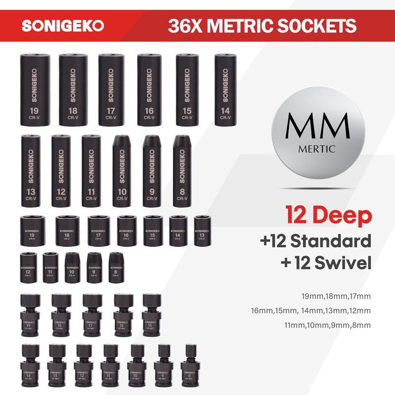 SONIGEKO Socket Set 3/8" Impact Socket Set,67-Piece Metric and Sae
