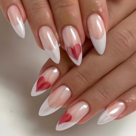 Heart Press on Nails Almond Medium Valentine's Day Fake Nails with French Red love Designs Glossy White French Tip Full Cover Stick on Nails Acrylic Valentine's Hearts Artificial Nails for Women 24Pcs