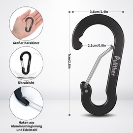 pullther Pack of 10 Carabiner Hooks, 70 mm / 2.76 Inch Carabiner Hook, Large, Aluminium D-Ring Carabiner Key Ring for Outdoor Sports, Hiking, Camping,
