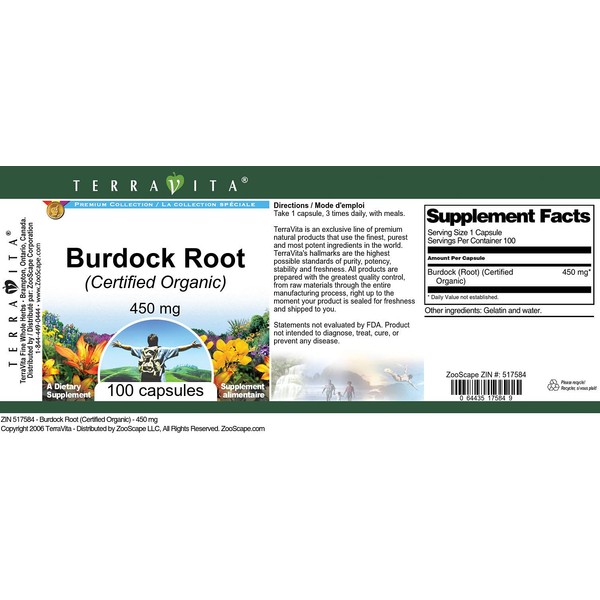 Burdock Root (Certified Organic) - 450 mg (100 Capsules, ZIN: 517584) - 3 Pack
