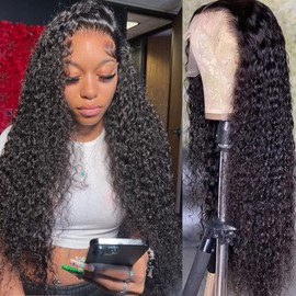 Fphko- Pelucas frontales de encaje con ondas de agua, cabello humano, pelucas frontales de encaje rizado 13X4 para mujeres negras, pelucas frontales de encaje húmedas y onduladas de alta definición, c