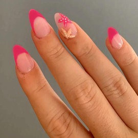 Press on Nails Medium French Almond False Nails Starfish Fake Nails Artificial Acrylic Nails Starfish Design Summer Almond Stick on Nails Full Cover Reusable Coffin Nails Glue on Nails for Women