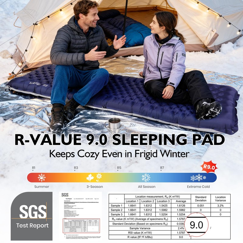 TOBTOS Camping Sleeping Pad with 9.0 R-Value, 4" Thick Inflatable
