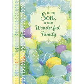 Designer Greetings Pastel Watercolor Eggs in Grass and Sparkling White Vertical Vine Easter Card for Son and Family