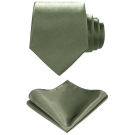 TIE G Solid Satin Woven dyed Color Formal Necktie and Pocket Square Sets in Gift Box, Olive Green, Reg