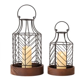 Set of 2 Rustic Farmhouse Lanterns Decorative Indoor, Vintage Candle Lantern Holder with Wooden Base, Black Metal Decorative Lanterns for Home Decor, Outdoor, Indoor, Living Room, Kitchen Dining Table