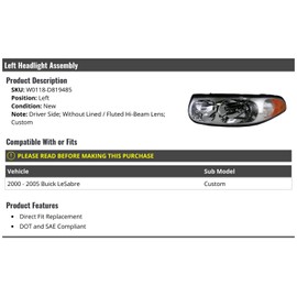Left Driver Side Headlight Assembly - without Lined/Fluted Hi-Beam Lens - Compatible with 2000-2005 Buick LeSabre Custom