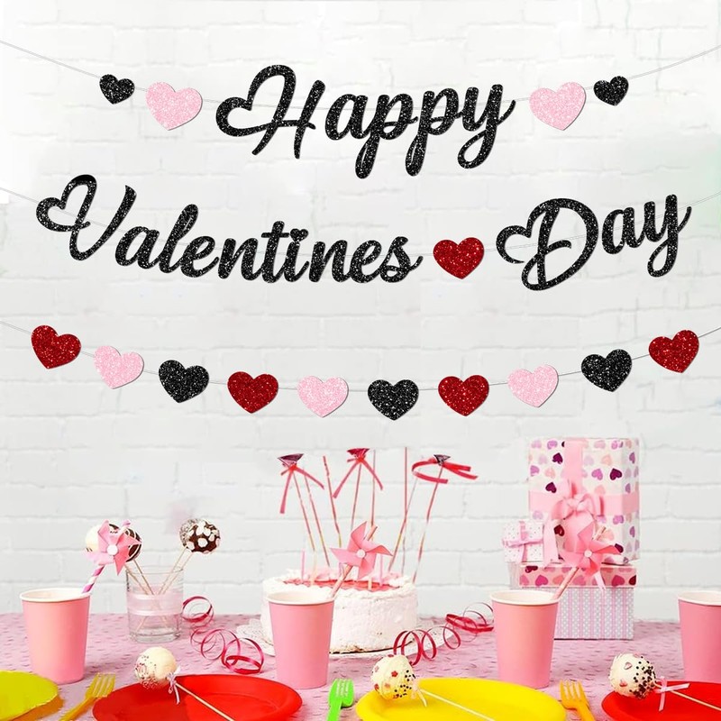 Glitter Happy Valentines Day Decorations Banner Red and Black Glittery
