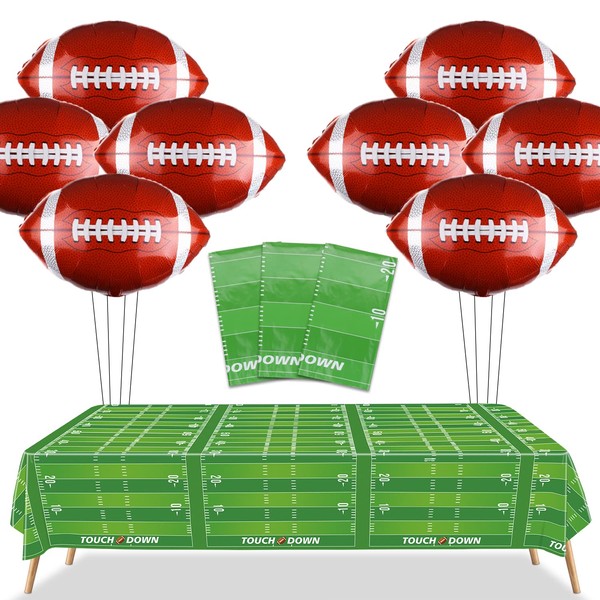 Football Party Decorations - 3 Pcs Football Tablecloths, 8 Pcs Foil Football Balloons Football Field Disposable Table Cover for Sports Event Game Day Football Theme Party Supplies