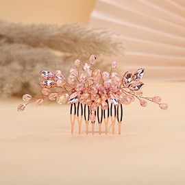 Peineta para el cabello delicada y sencilla con diamantes de imitación, color rosa dorado, para novia, boda, lujosa, con cristales brillantes, accesorios para el cabello para mujeres y niñas (rosa)