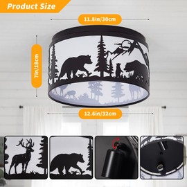 Farmhouse Flush Mount Ceiling Light with Shade - Rustic Deer and Bear Metal Ceiling Fixture 2-Light E26, Indoor Lighting for Cabin, Entryway, Kitchen, Bedroom (Bulbs Not Included)