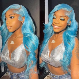 SXFYINONH Light Blue Body Wave Lace Front Wigs Human Hair 13X4 Human Hair Wigs HD Lace Front Breathable Hair Pre Plucked HD Transparent 180% Density 20 Inch