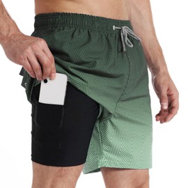 zeetoo Mens Swim Trunks 5.5 Inch with Compression Liner 2 in 1,Quick-Dry Stretch Bathing Suit Shorts with Breathable Mesh Pockets for Beach & Swimming Army-Green M