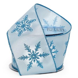 Snowflakes On Wired Ribbon, 2 1/2" X 10YD, Glitter Blue Satin, Roll 1 Christmas