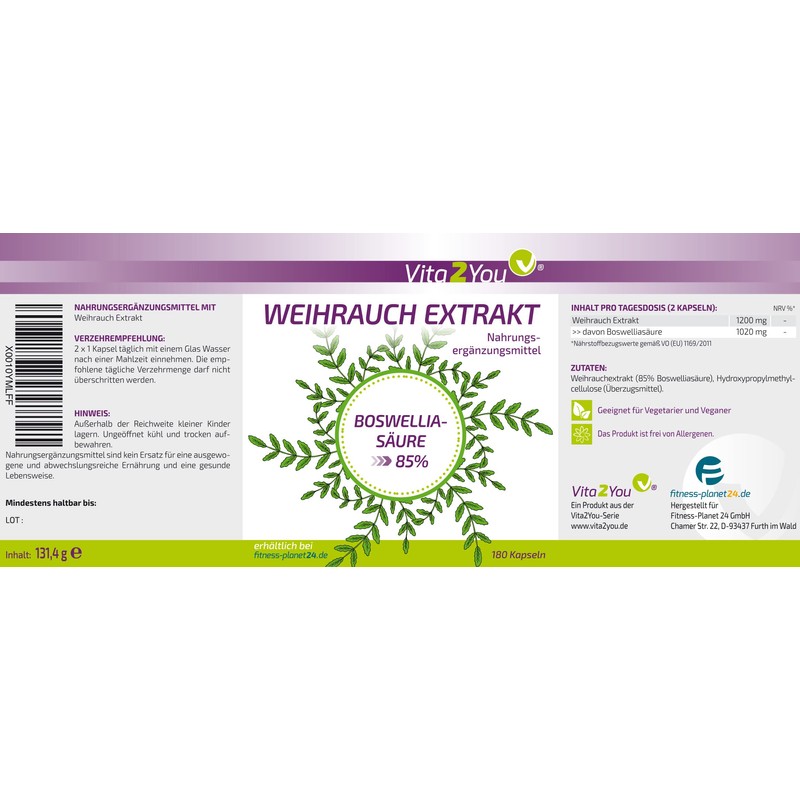 Vita2You Frankincense Extract 600 mg - 180 Capsules - 85%