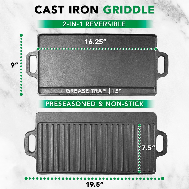 ProSource 2-in-1 Reversible 19.5” x 9” Cast Iron Griddle with