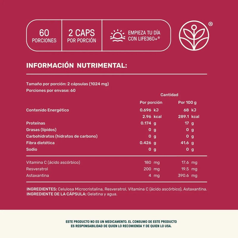 Resveratrol 120 Cápsulas Suplemento Alimenticio Antioxidante Life 360