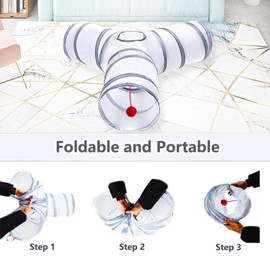 Deofun Cat Tunnel Tube Toys, Tunnels for Indoor Cats, 3 Way Colorful White Gray Collapsible Interactive Toy with Balls for Rabbits, Kittens, Ferrets, Puppy
