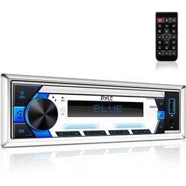 Pyle PLMRL50WB Single Din Bluetooth USB/AUX/MP3 Stereo Amplifier Receiver w/Remote, 2 Pair (Qty 4) of Pyle PLMRS83BL 8" 300 Watt Peak Power Marine Blue Light LED Speakers (Black) with Speaker Wire