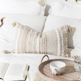 BlissBlush Decorative Lumbar Pillow Cover 14x24, Cream White Boho Accent Throw Pillow Case for Couch Sofa Bed, Modern Farmhouse Textured Lumbar Cushion Bedroom Living Room, Cover ONLY