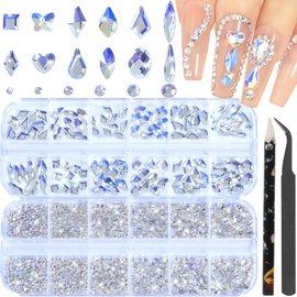 DZHILHMX Nail Rhinestones - 3D Multi Shape Size, Flat Back, Manicure Rhinestones Charms, Crystal Moonlight Blue Gems, with Kit, for Nail Art, Bedazzling Acrylic Nails, DIY Decor