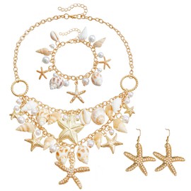 Mermaid Costume Jewelry Set Containing imitation pearl starfish conch shell necklace, bracelet, and earrings Suitable for women Cosplay beach travel beach jewelry
