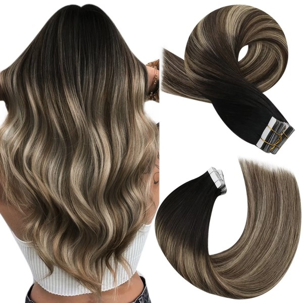 Moresoo Tape in Hair Extensions 18 Inch Silky Hair Extensions Balayage Natural Black Ombre to Brown with Caramel Blonde Hair Tape Extensions for Women 50 Gram 20 Pieces