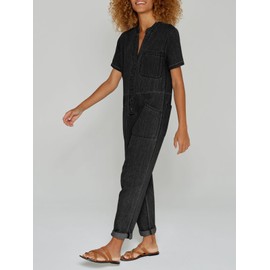 Tongmingyun Women's Casual Denim Jumpsuits Loose Short Sleeve V-Neck Button Up Long Pants Rompers