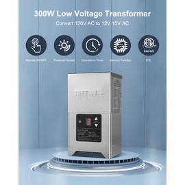 TREEWELL 300W Low Voltage Landscape Transformer, Outdoor Landscape Lighting Transformer with Photocell Sensor & Timer, 120V AC to 12V/15V AC, Stainless Steel Weatherproof Transformer, ETL Listed