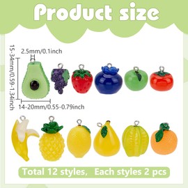 CRAFTYMELODY 24 Pieces 12 Styles 3D Resin Fruit Charms Cute Fruit Pendant Orange Banana Blueberry Pear Grape Pineapple Lemon Strawberry Pendant