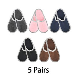 Panda Bros Fleece Felt Close Toe 5 Pairs Non Slip Indoor Family House Guest Slippers Set for Shoeless Home