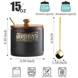 LYEOBOH Black Sugar Bowl with Lid and Spoon, 15 Oz Farmhouse Sugar Container Holder for Coffee Bar Accessories, Food Storage Containers - Modern Kitchen Decor Housewarming Gift