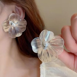 Gold Plated Blue Matte Flower Stud Earrings Drop Earrings Delicate Flower Stud Earrings Large Pearl Earrings Wedding Pearl Earrings Jewellery for Women and Girls, Alloy Steel, Cubic Zirconia