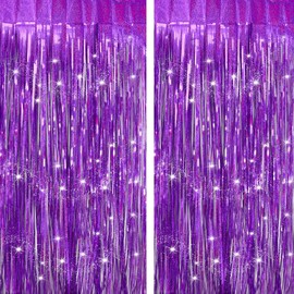 Purple Fringe Backdrop Curtains Party Decorations, Tinsel Streamers Birthday Decor for St Patricks Day Decorations, Foil Photo Booth Props for Baby Shower, Graduation, Football, 2Pack 3.28X8.2Ft