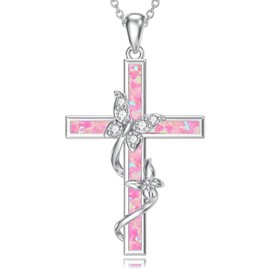 TOUPOP Butterfly Necklace 925 Sterling Silver Butterfly Cross Pendant Necklaces Pink Opal Jewellery Gifts for Women Her Daughter Wife Anniversary Birthday Gifts Ideas