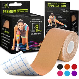 TapeGeeks Athletic Tape, Kinesiology Tape - Hypoallergenic Sports K Tape, Kinesio Tape, Water Resistant Kinesio Tape, Wrist Tape Therapeutic Body Tape Turf Tape (Uncut 16.4 ft Long, Beige)