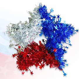 ABTOLS Patriotic Wreath for Front Door, Artificial Pentagram Shape Tinsel Patriotic Star Hanging Wreaths 4th of July Party Crafts Ornament Red Blue Sliver Decor Wreath for Kitchen Home Indoor Window