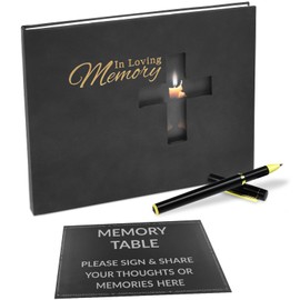 YYBD Funeral Guest Book Cross Memorial Guest Book with Signature Pen & Table Sign, Funeral Guest Register Book, PU Leather Hardcover Celebration of Life Guestbook, Sign Book Funeral(Black)