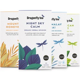 Dragonfly Tea Welcome Tea Selection Box (4x20-80 Teabags) Tea Gift Set, Organic Tea Bags Mountain Honeybush, Cape Malay Chai, Night Sky Calm & Moroccan Mint Tea, Green Tea and Herbal Tea Selection