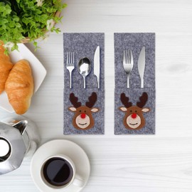 PRETYZOOM Christmas Cutlery Holder Bags Reindeer Pattern Felt Rectangle Cutlery Bags Christmas Table Decoration Pack of 4