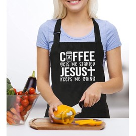 GXVUIS Coffee Gets Me Started Jesus Keeps Me Going Women Apron with 2 Pocket Waterproof Adjustable Bib Apron Christian Gift Black