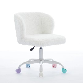 Artificial Rabbit Hair Chair with Metal Base,Adjustable Desk Chair Swivel Office Chair,Vanity Chair(Ivory)color: White, size: SIZE