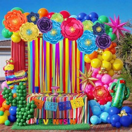 Mverse Large Mexican Paper Flowers Decorations for Wall | Pre-Assembled Giant Flower with Crepe Paper Roll Rainbow Streamers, Leaves, Butterfly Décor for Party