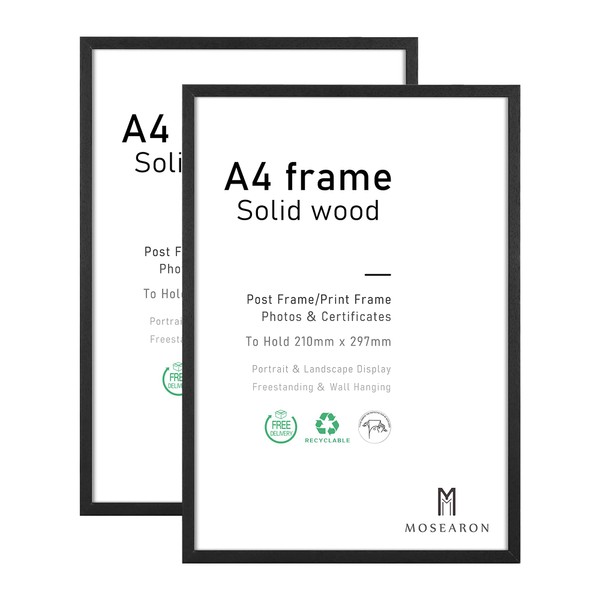 A4 Wood Photo Frame,2 Pack-21x30cm Black Wood Picture Frame,Certificate Frame